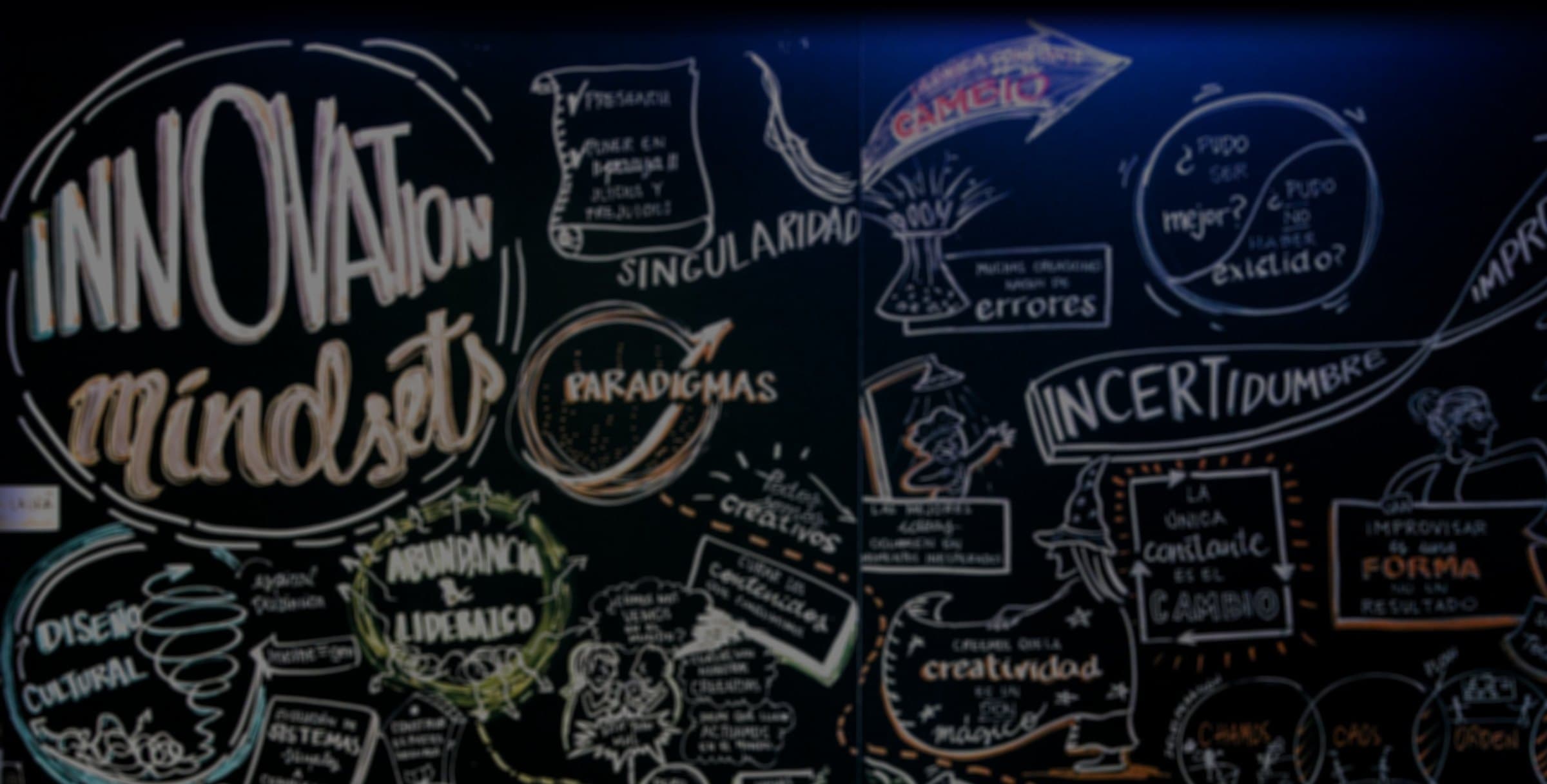 Mural ilustrado a tiza con las palabras Innovation Mindsets, paradigmas, creatividad e incertidumbre
